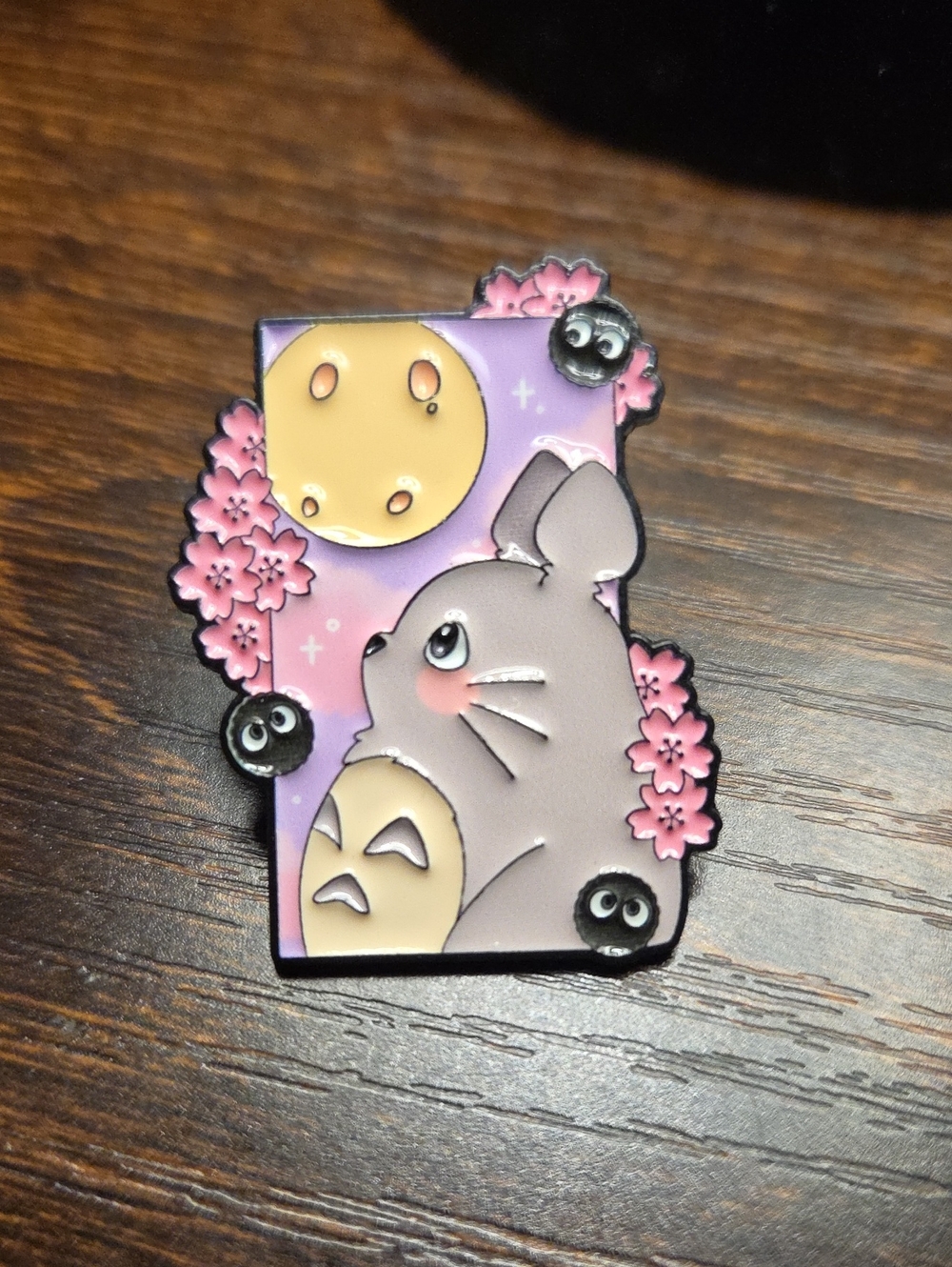 Gray Totoro Enamel Pin with Pink Cherry Blossoms